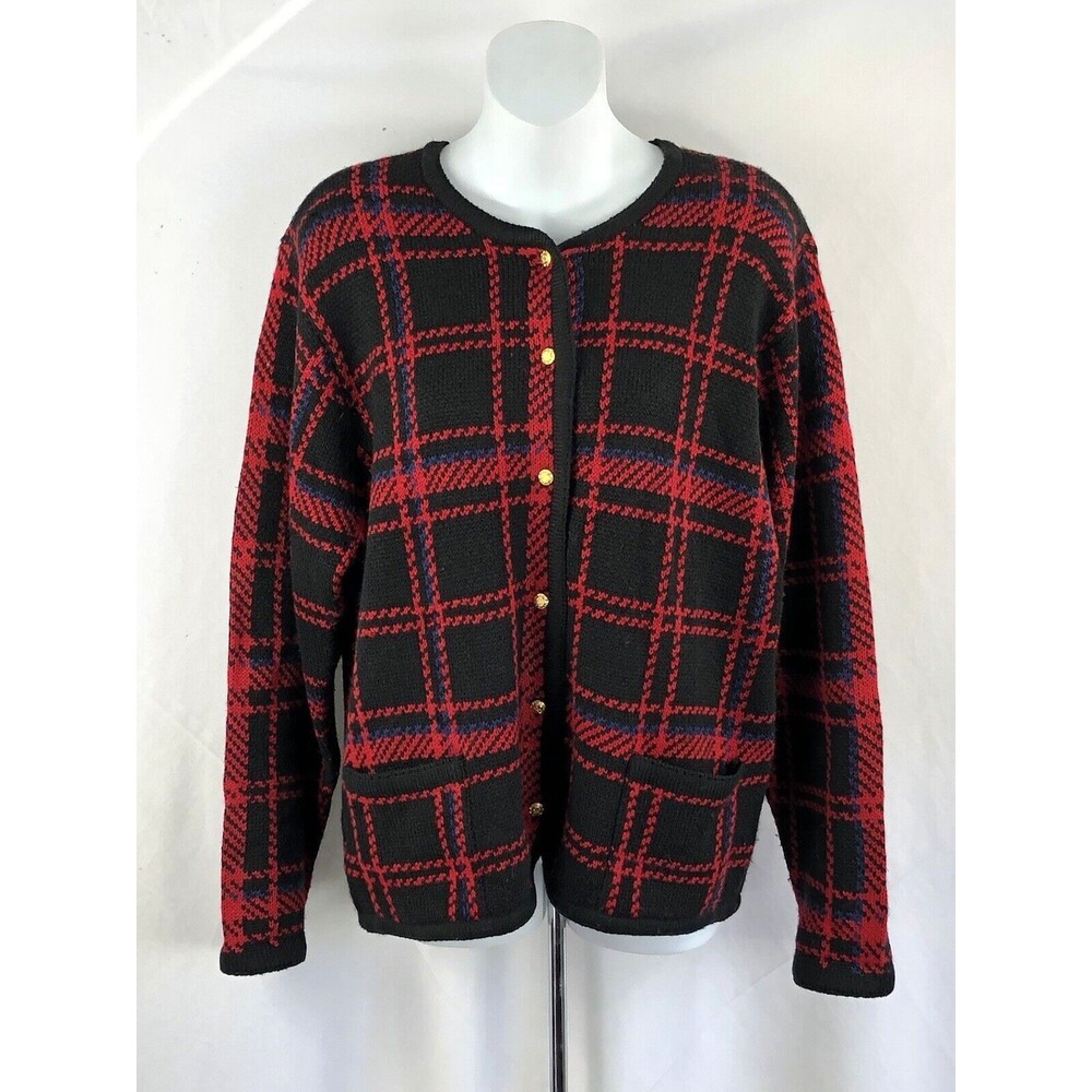 Vintage Button Sweater M Red Plaid Knit Cardigan Tartan Holiday Academia Preppy